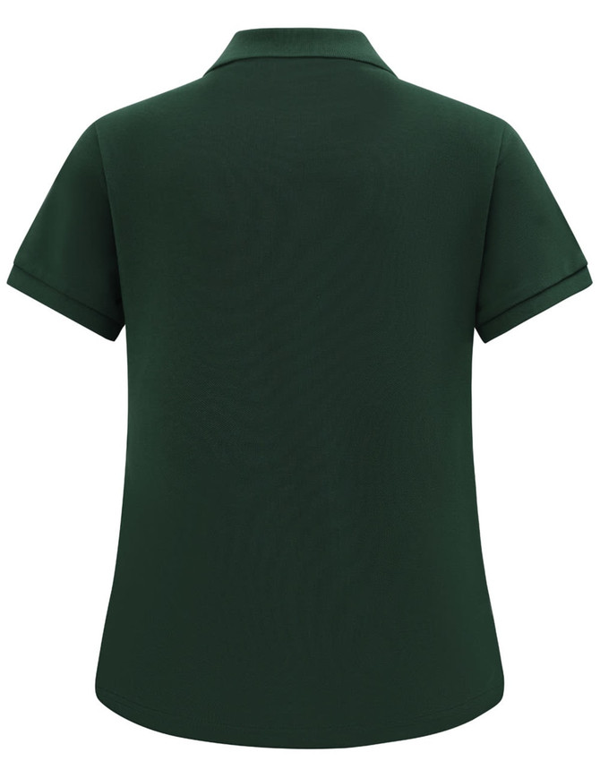 A green ladies' classic cotton/poly pique short sleeve polo with a collar and a logo.