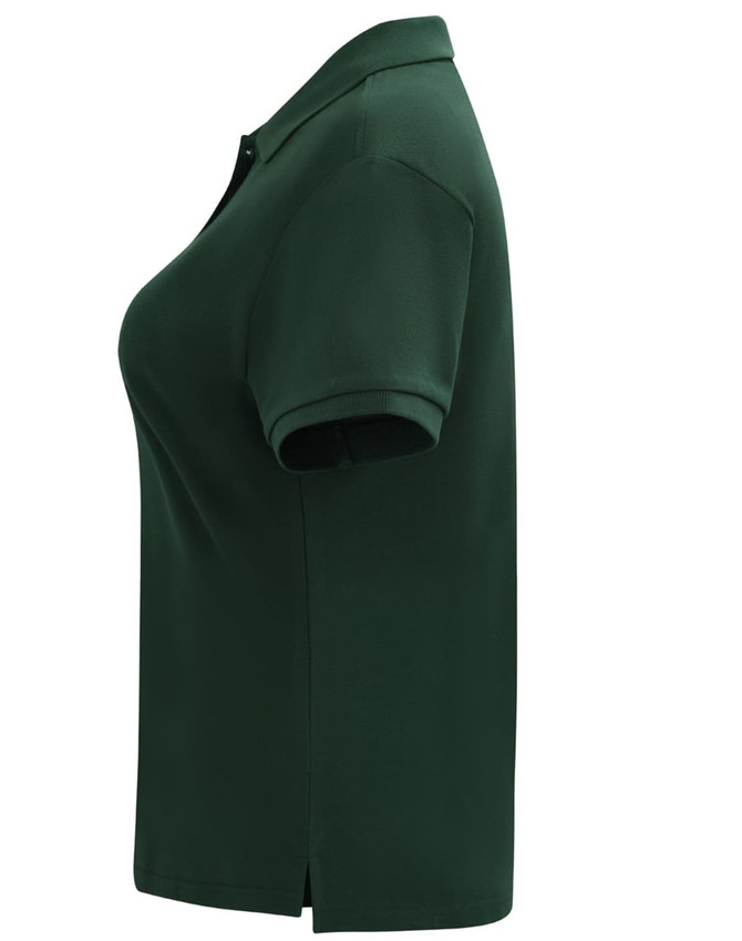 A green ladies' short-sleeve polo shirt made of cotton/poly pique fabric, featuring a collar and side split.