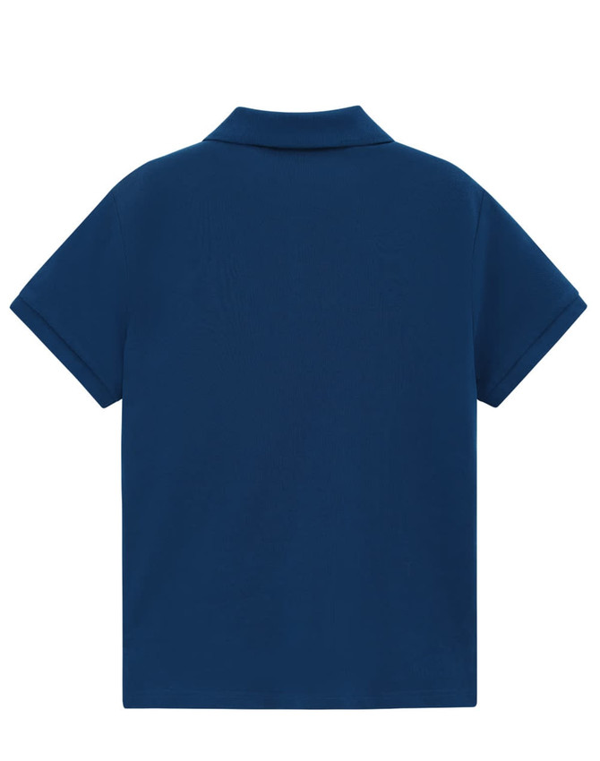 A navy blue ladies' classic cotton/poly pique short sleeve polo, featuring a simple design and a collar.