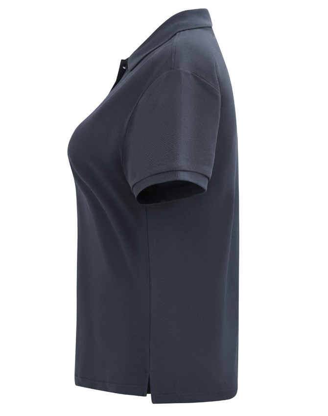 A navy blue ladies' classic cotton/poly pique short-sleeved polo shirt with a collar and a logo.