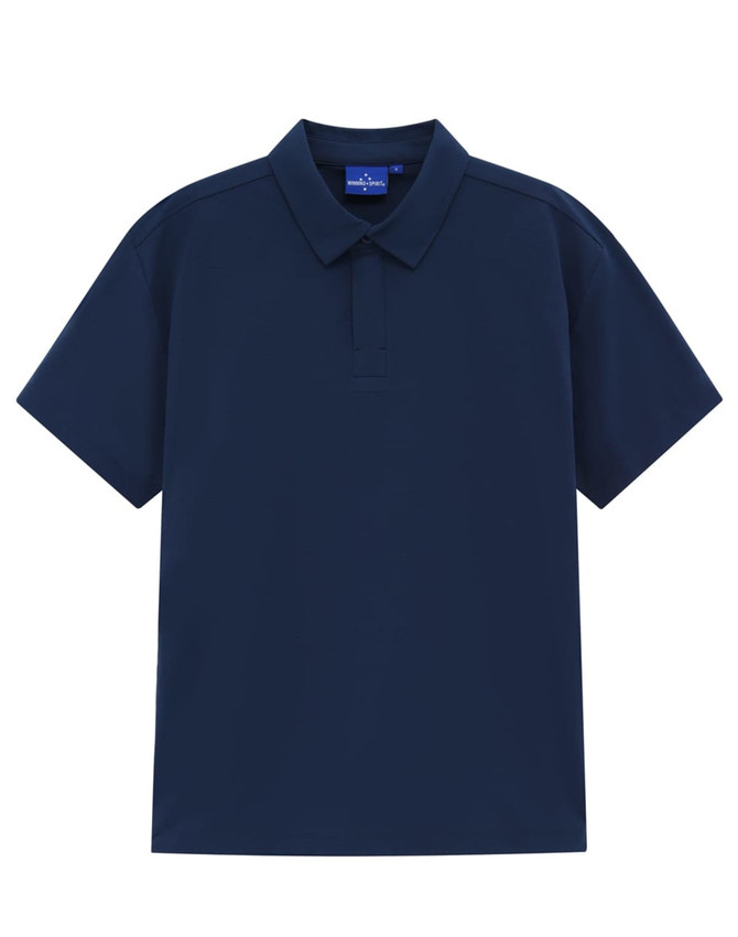 A navy blue men's polo shirt with a collar and short sleeves, featuring a logo on the chest area.