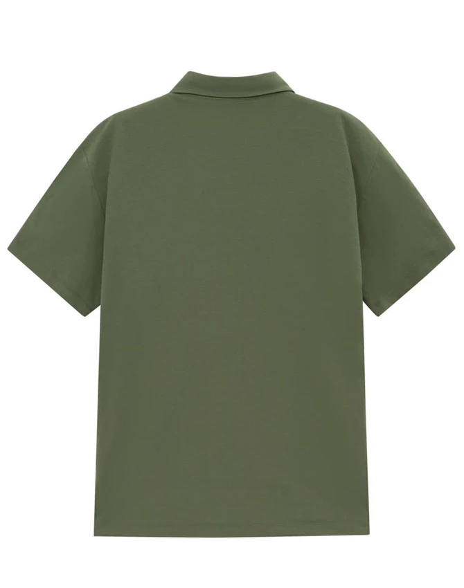 A men's high-performance polo in olive green, featuring a classic collar and short sleeves. Includes a branding logo.