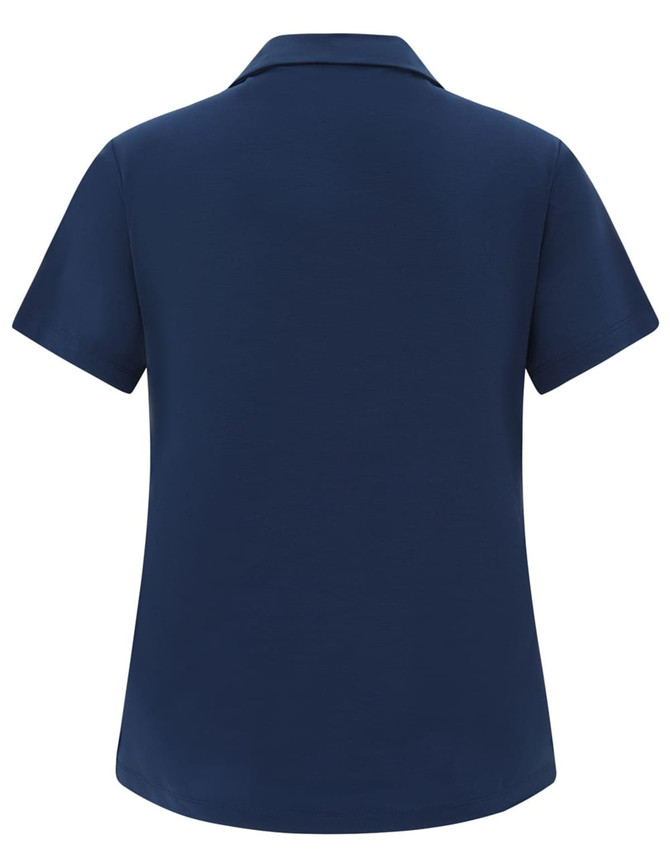 A navy blue ladies' polo shirt with short sleeves and a collar, featuring a discreet logo.