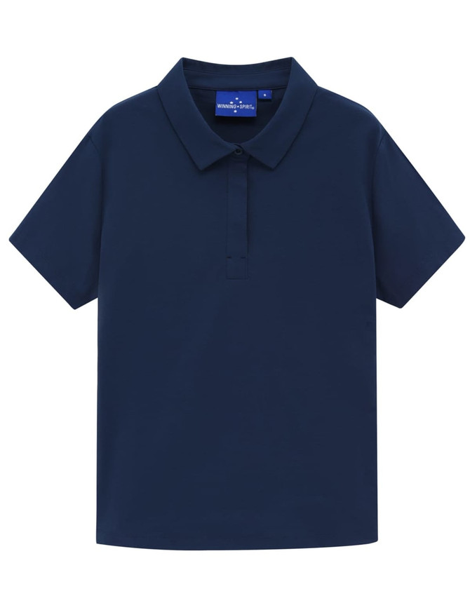 A navy polo shirt with a collar and short sleeves, featuring a brand logo on the label.