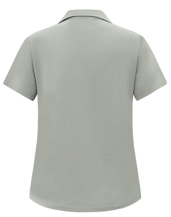 A short-sleeved polo shirt in a muted grey colour, featuring a collar and a simple design with a logo.