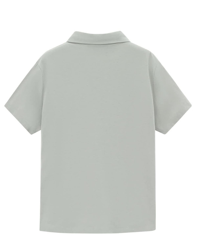 A light grey short-sleeved polo shirt with a collar, featuring a logo on the back.