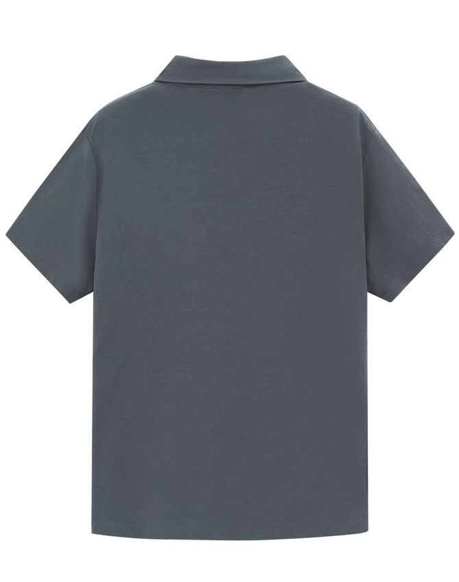 A grey ladies' high-performance polo shirt with a classic collar and short sleeves, featuring a branding logo.