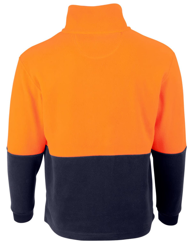 A Hi-Vis polar fleece full zip jacket featuring an orange upper section and navy blue lower section, with a logo.