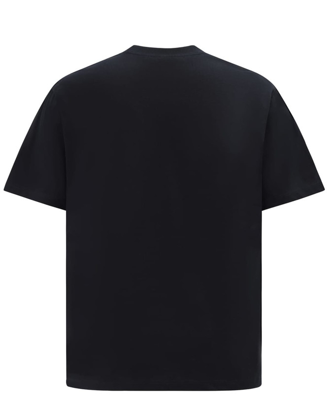 A black unisex heavy cotton oversized tee with a plain back and a simple design. It has a logo on the label.