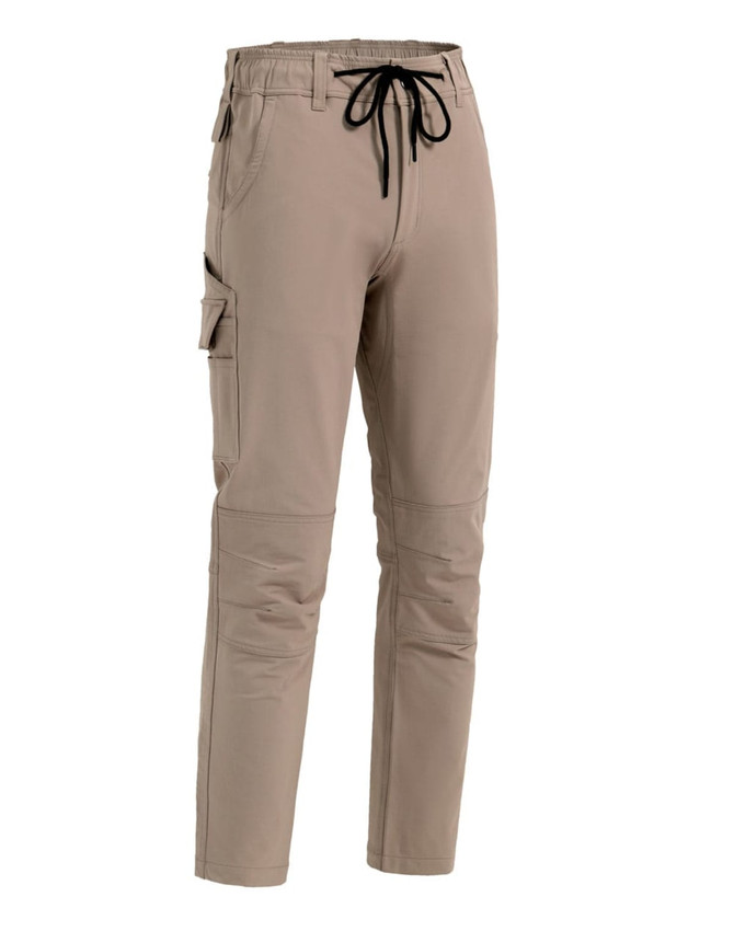A pair of beige work pants with elastic waistband, drawstring, and cargo pockets on the sides.