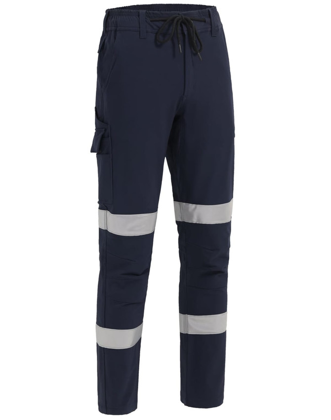 Navy work pants featuring reflective tape, elastic waistband, and multiple pockets for functionality.