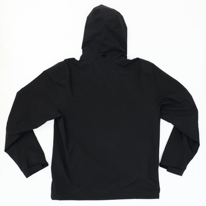 A black weather jacket with a hood, featuring long sleeves and a simple design, shown from the back. It has a logo.
