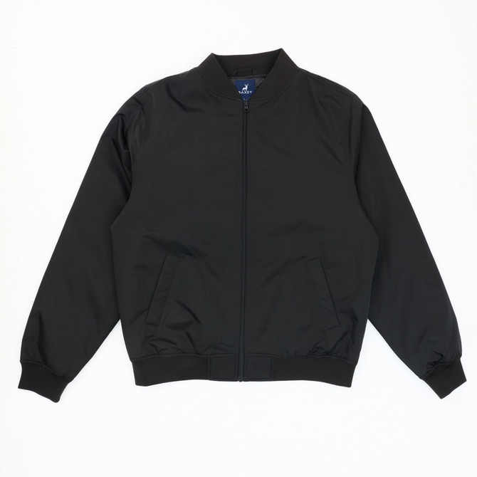 A black bomber jacket with a zip front and side pockets, featuring a plain design and elastic cuffs.