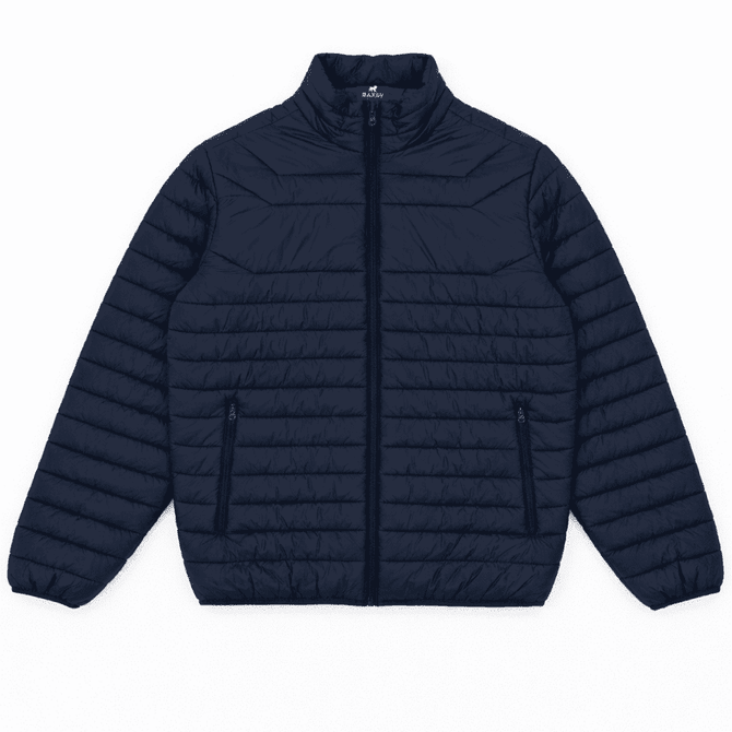 A navy blue puffer jacket with a zip front and two side pockets, featuring a logo on the collar.