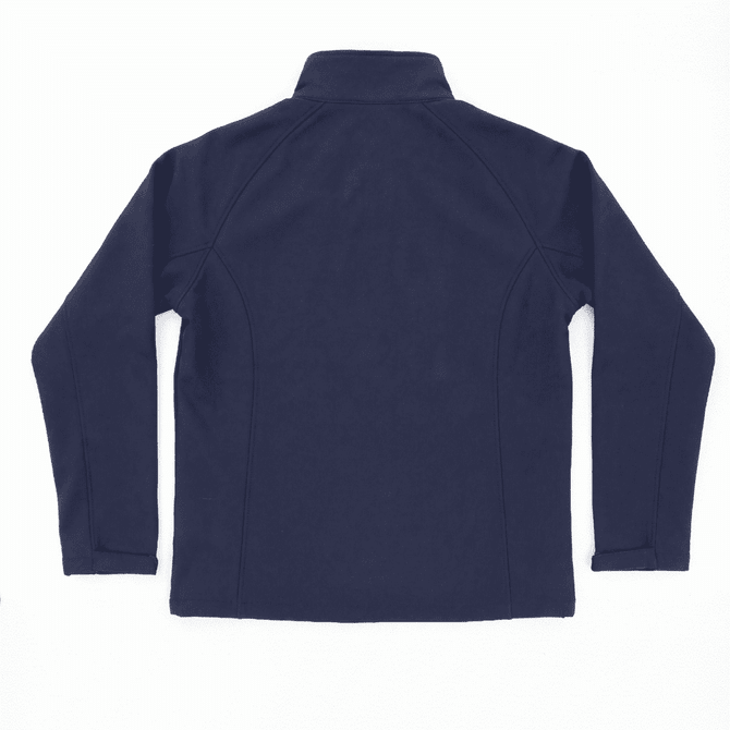A navy softshell jacket with a high collar and long sleeves, featuring a logo on the back.