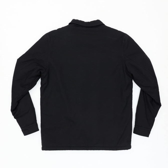 A black canvas jacket featuring a collar and long sleeves, displayed from the back view.