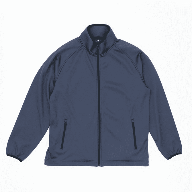 A navy blue bonded jacket with a high collar and side zip pockets, featuring a logo on the chest.