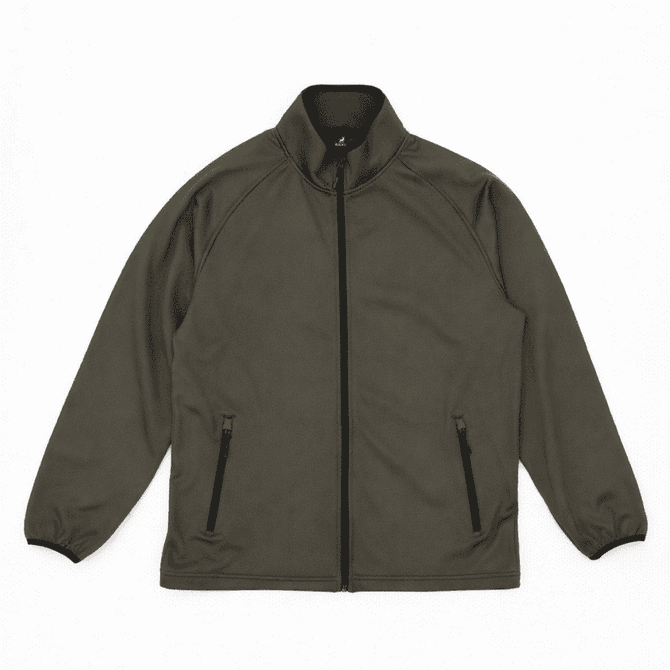 A Summit Bonded Jacket in olive green with a zip front and zippered side pockets, featuring a collar and elastic cuffs.