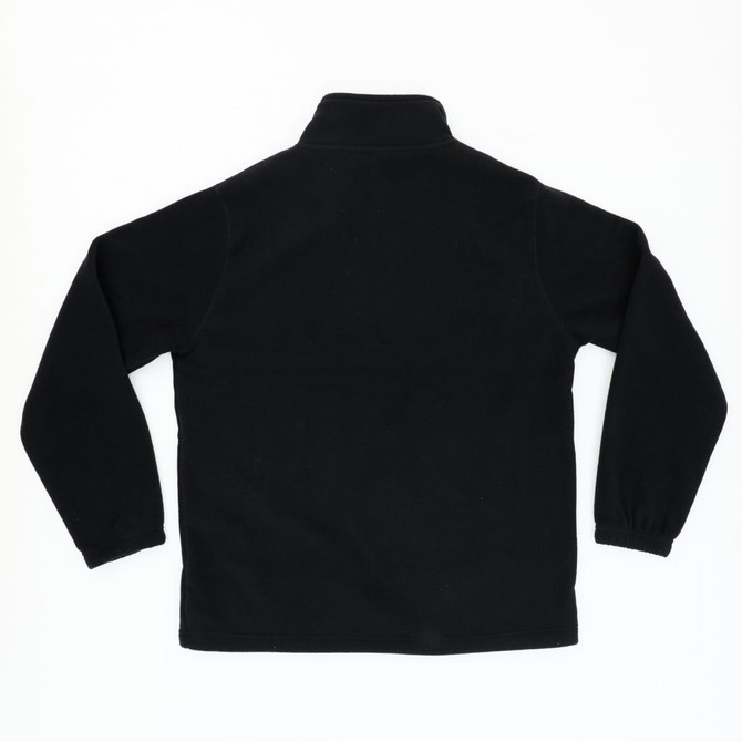 A black polar fleece full zip jacket featuring a collar and long sleeves. It has a logo on the back.