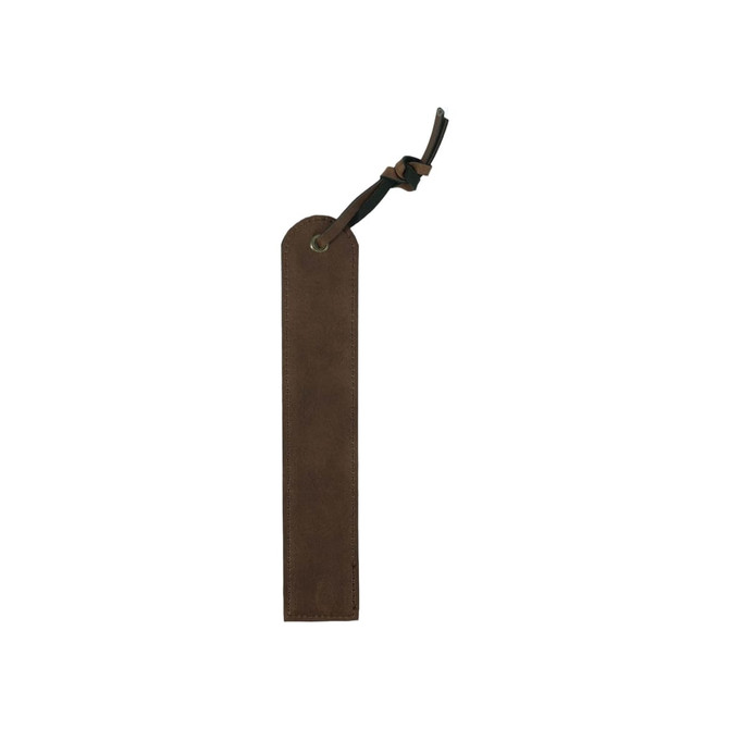 A vintage style bookmark in brown leather with a looped tie at the top and a metal rivet detail.