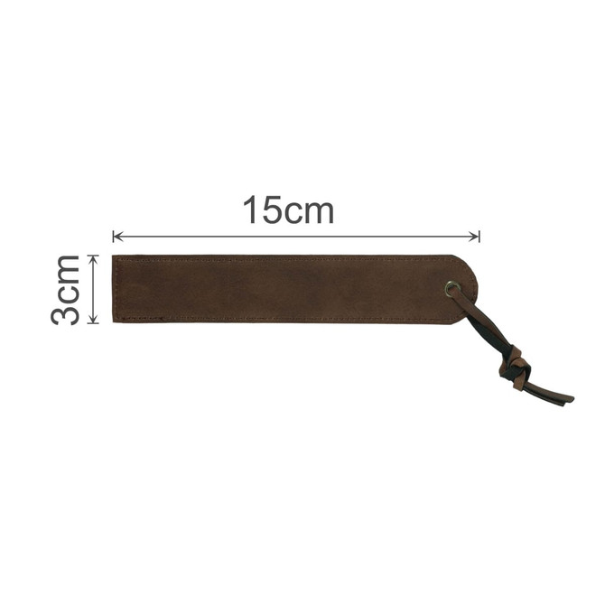 A vintage style brown bookmark with a leather texture, featuring a looped strap at one end.