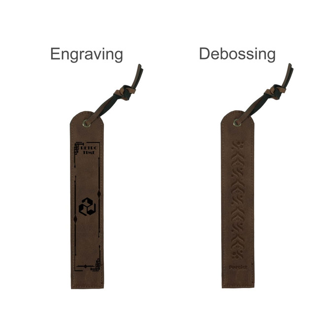 A vintage-style brown leather bookmark featuring engraving and debossing designs, with a decorative tie.