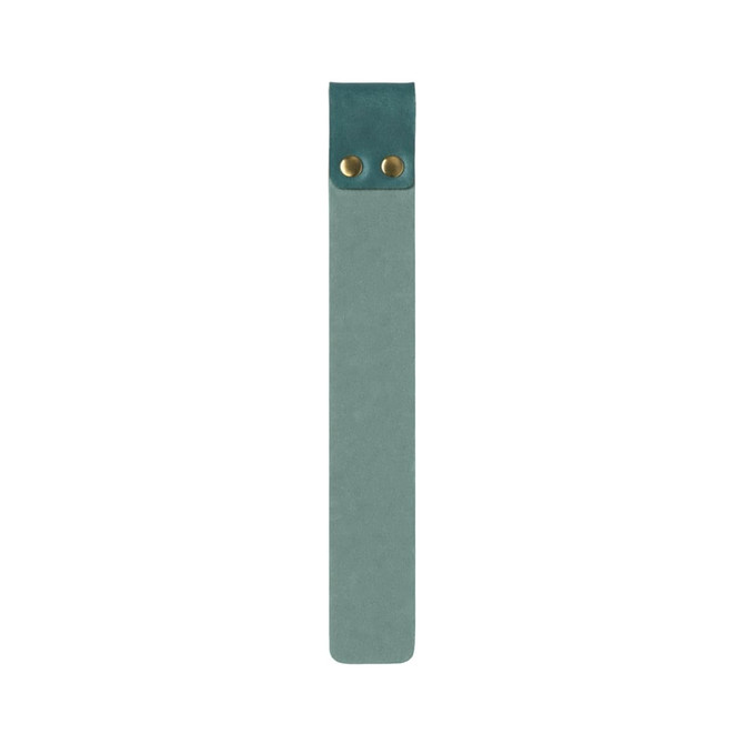 A custom PU bookmark in teal, featuring a smooth surface and two brass rivets at the top.