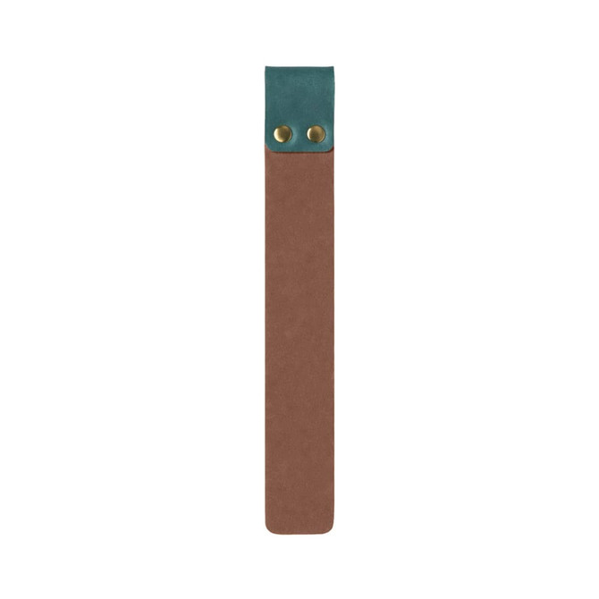 A custom PU bookmark in brown and teal, featuring two brass studs at the top.