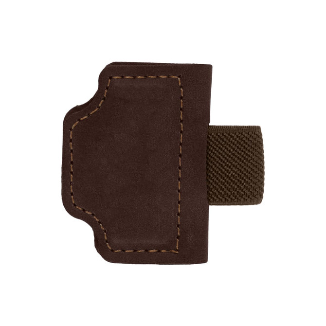 A magnetic bookmark with a pen clip, featuring a brown fabric cover and a textured strap. It has a logo.
