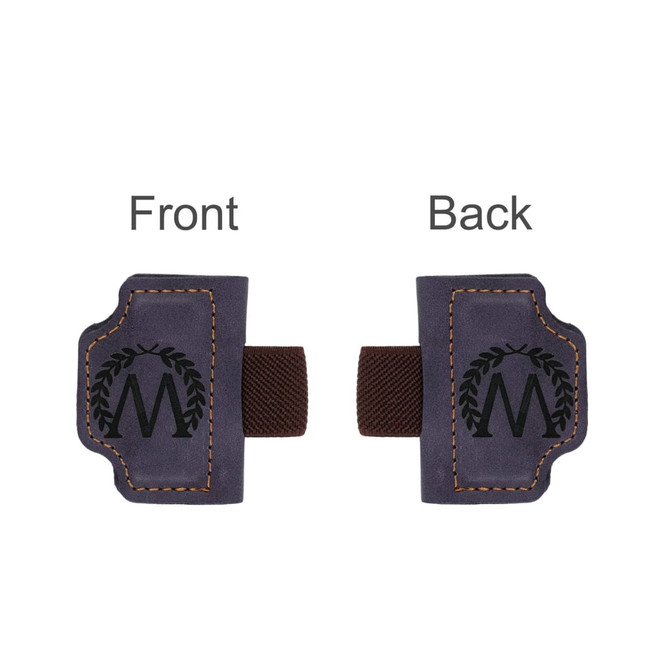 A magnetic bookmark in purple with a brown clip, displaying a logo on both the front and back.
