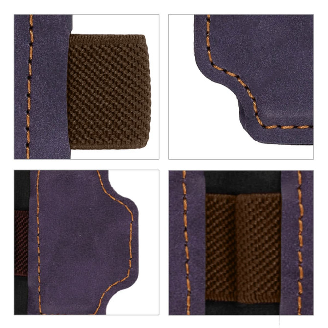 A purple magnetic bookmark features a brown pen clip, showcasing textured fabric and detailed stitching.