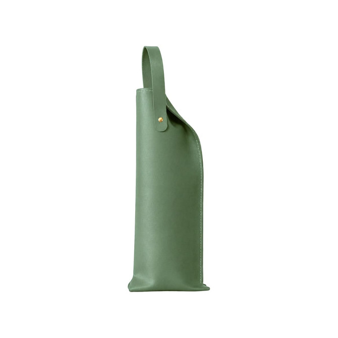 A drink bottle bag in elegant green PU leather with a decorative handle and a gold-tone snap button.