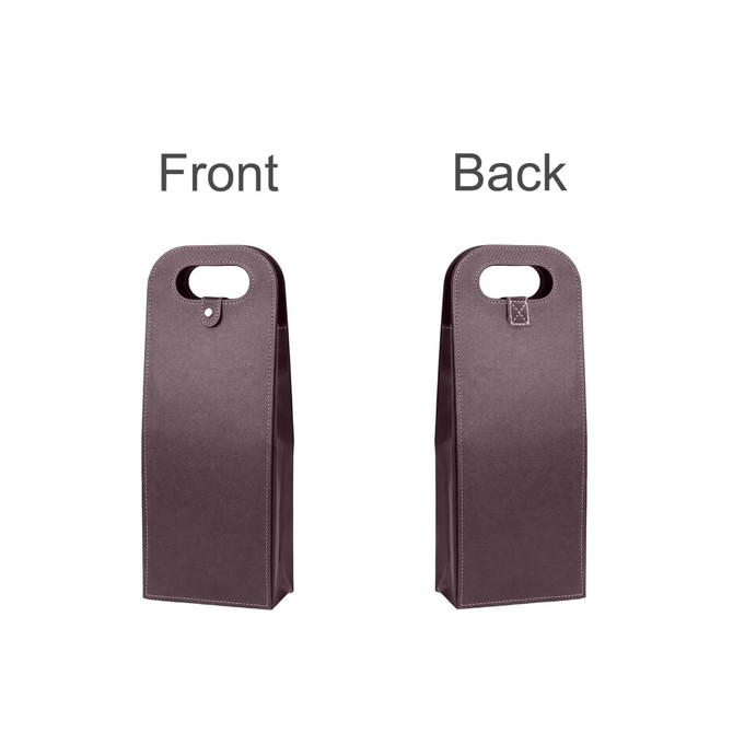 A double wine bottle bag in a dark purple hue with a handle and stitched detailing, featuring front and back views.
