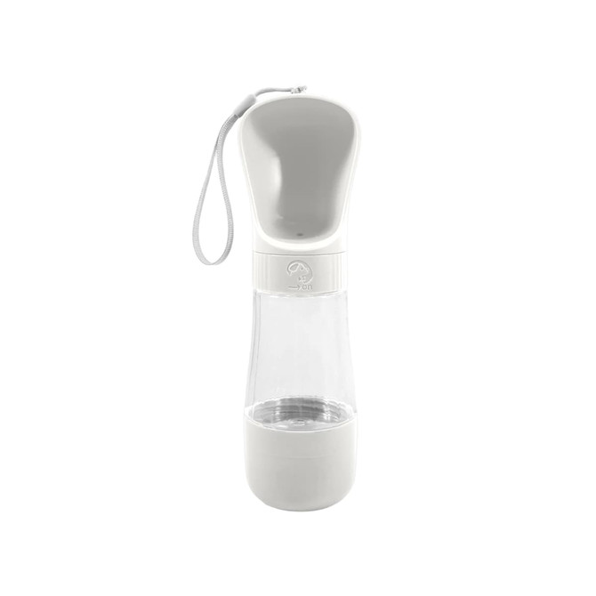 A drink bottle in white with a detachable food container and a built-in carrying strap. It features a logo.