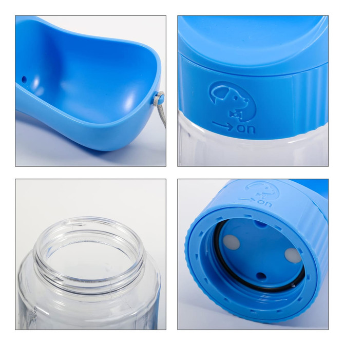 A blue pet water bottle with an attached food container, featuring a logo and a clear reservoir.