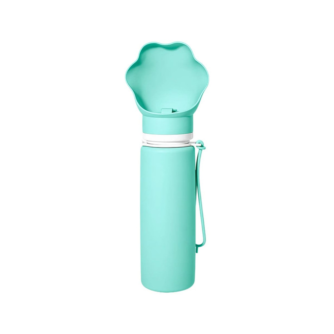 A drink bottle in teal with a collapsible bowl-shaped lid and a strap for easy carrying. It features a logo.