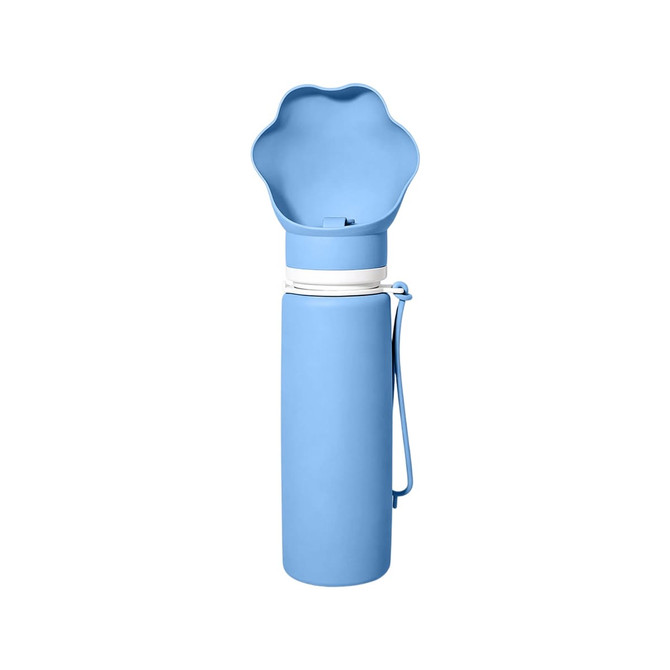 A drink bottle in blue with a collapsible bowl lid and a white band, featuring a logo.
