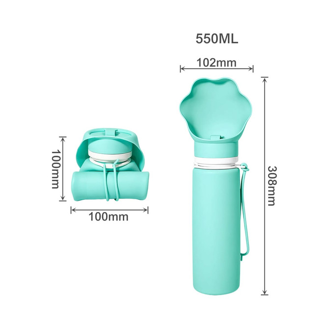A drink bottle in teal with a collapsible flower-shaped bowl, featuring a logo and dimensions displayed alongside it.
