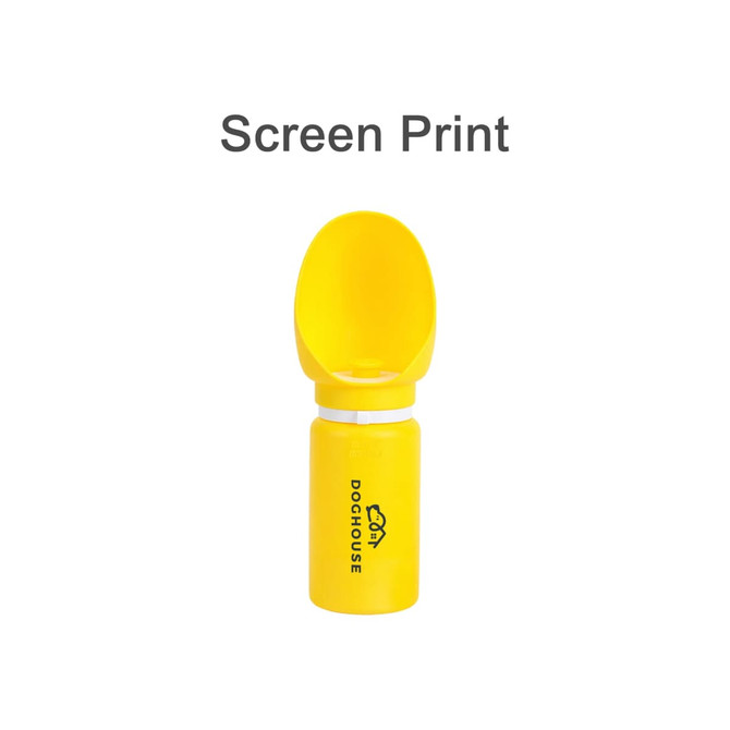 A drink bottle in bright yellow with a collapsible leaf-shaped bowl attachment and a logo.