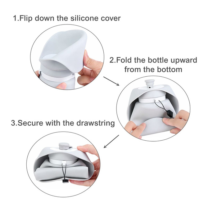 A drink bottle with a silicone cover, featuring a collapsible design and drawstring, in grey and white.