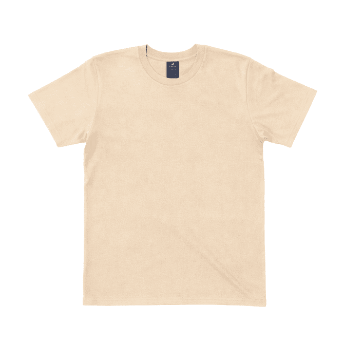 A classic beige tee with a round neckline and short sleeves, featuring a logo at the neck.