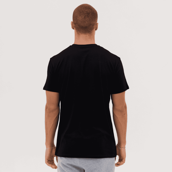 A black T-shirt displayed from the back, featuring short sleeves and a casual fit. It has a logo on the back.