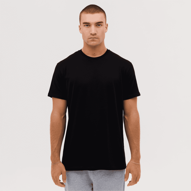 A black t-shirt displayed on a model, featuring short sleeves and a round neckline, with a logo present.