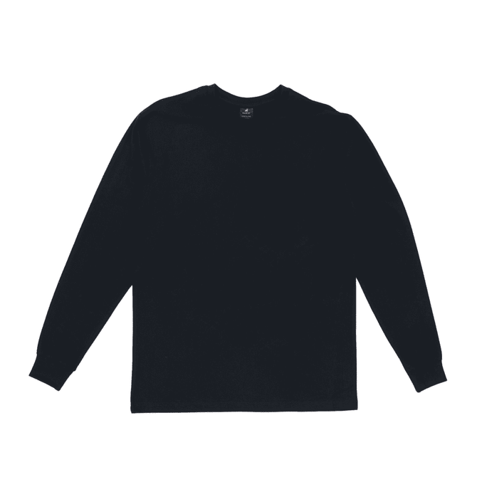 A long sleeve tee in black with a simple design and a tag at the neckline. It features a logo or branding.