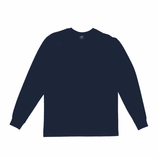 A long sleeve tee in navy blue with a round neckline and a logo on the label.
