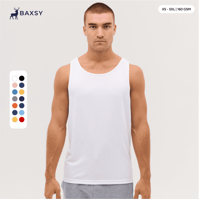 A white sleeveless singlet displayed on a model, featuring a logo and a colour palette on the side.
