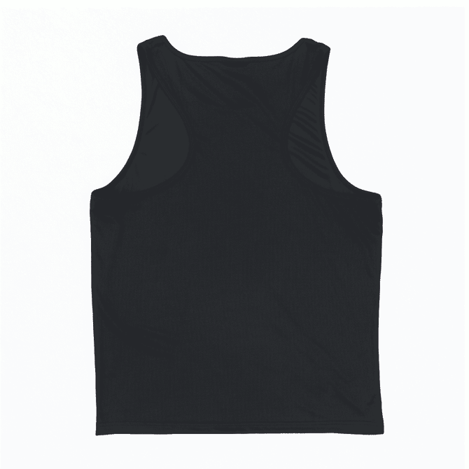 A black singlet with a sleeveless design and a plain back, featuring a logo.