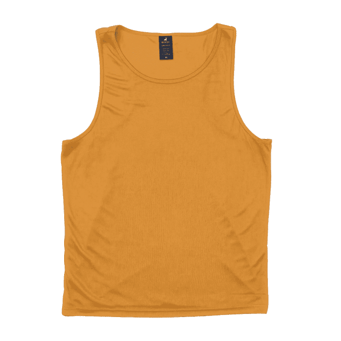 A gold singlet featuring a simple design and a tag with a logo.
