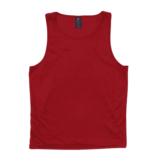 A red singlet with a smooth texture, featuring a logo at the neckline.