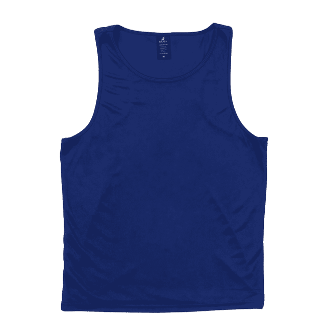 A blue singlet with a sleeveless design, featuring a logo on the inside label.